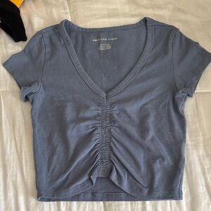 American Eagle Outfitters Slate-Blue Ruched V-Neck Crop Top
